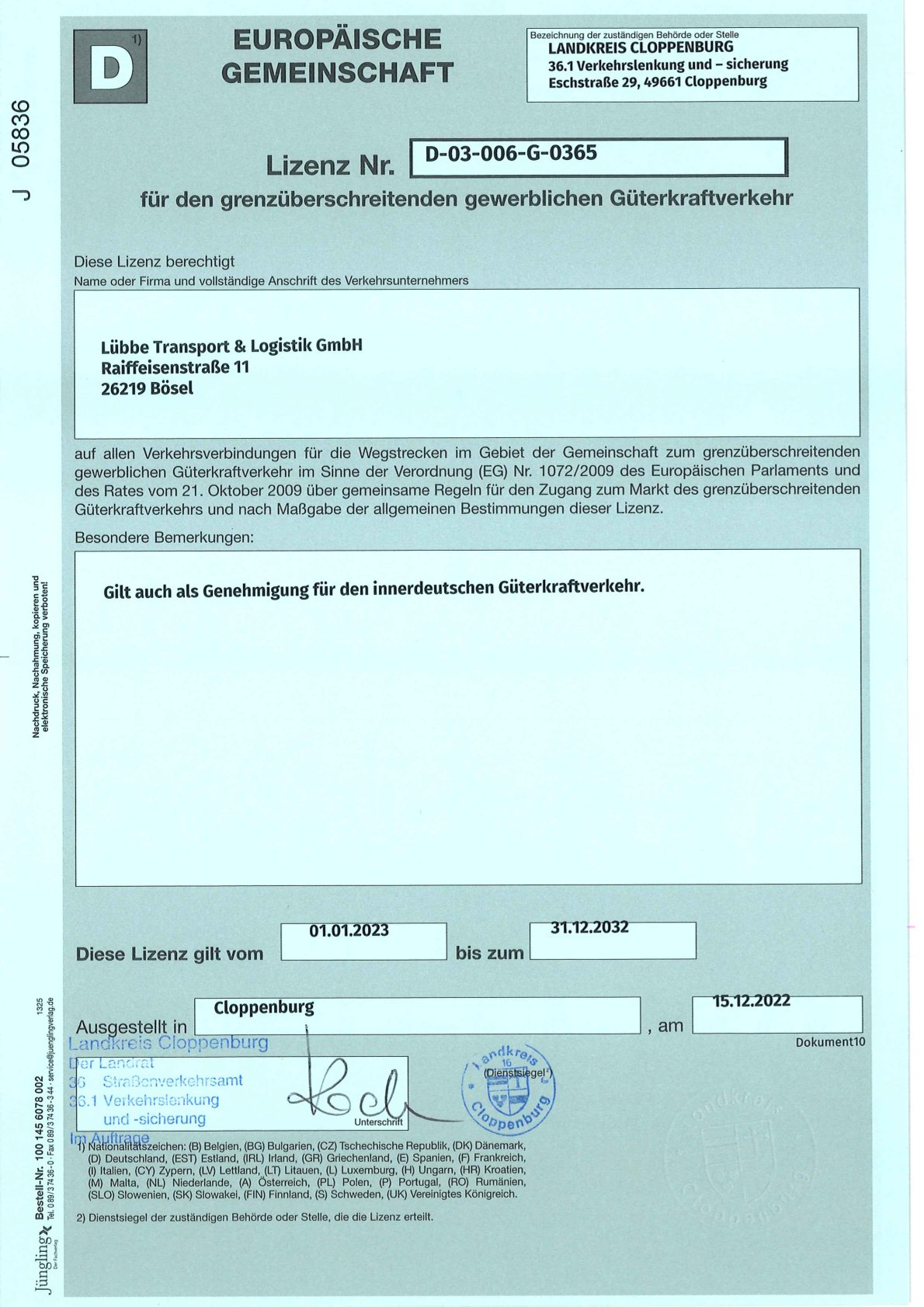 Spedition Lübbe - Lizenz grenzüberschreitenden gewerbl. Güterkraftverkehr