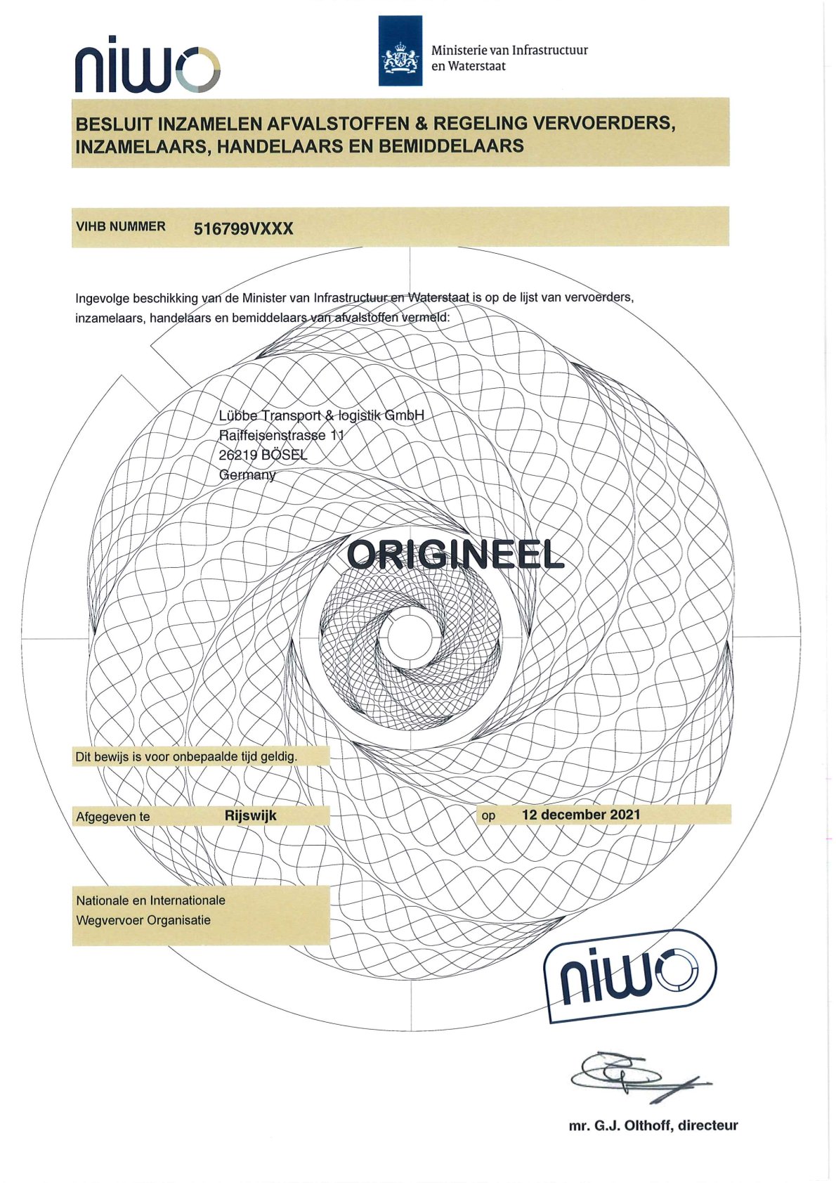 Spedition Lübbe - Zertifikat Niwo